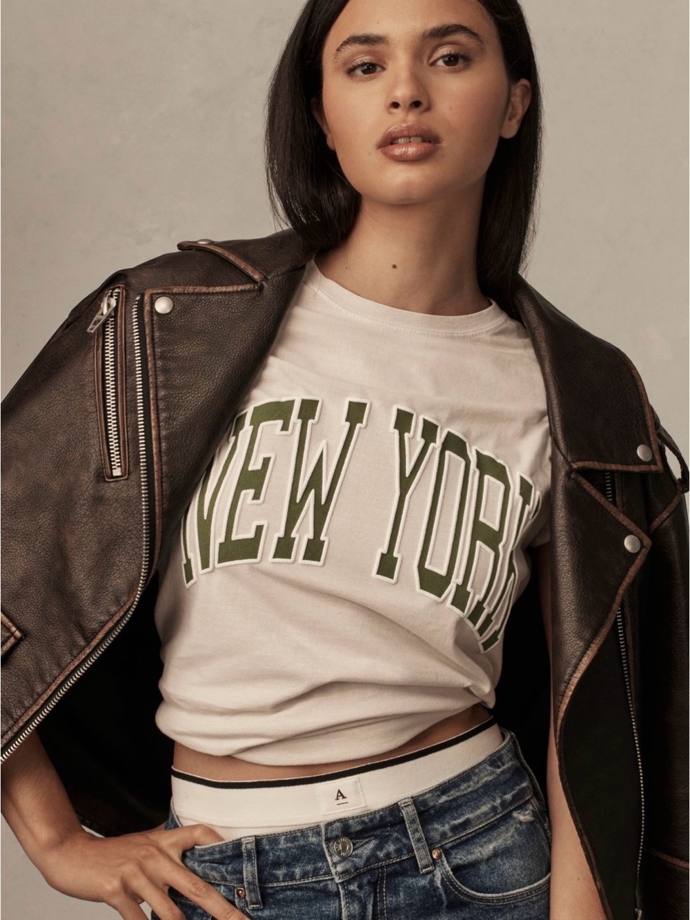 Anthropologie NEW YORK Graphic Tee - Cream with Olive Lettering